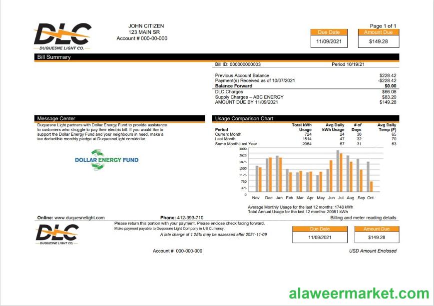 USA Pennsylvania Duquesne Light Company (DLC) utility bill template in Word and PDF format